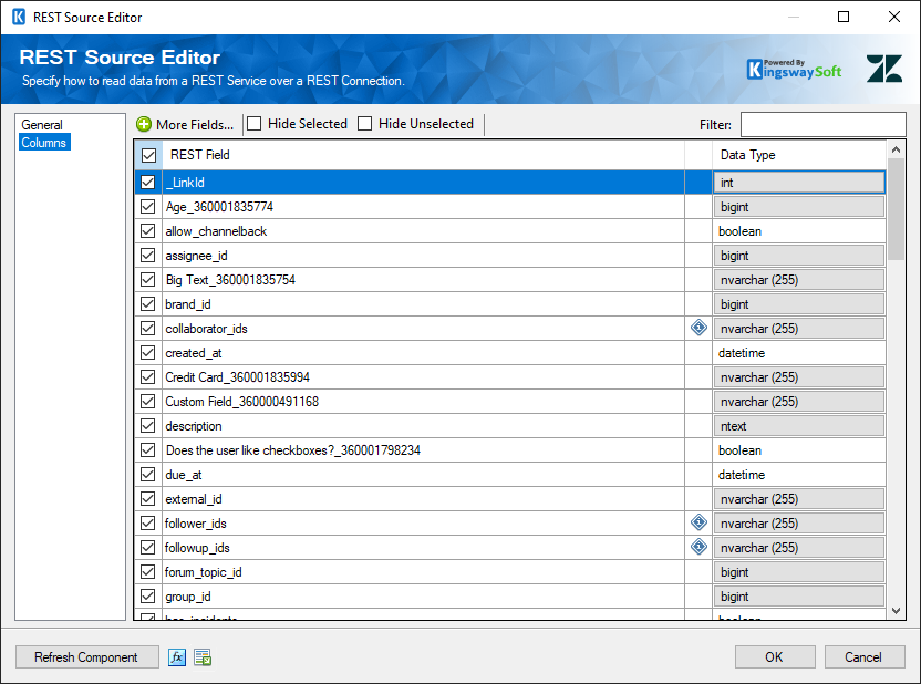 SSIS Zendesk REST Source - Columns